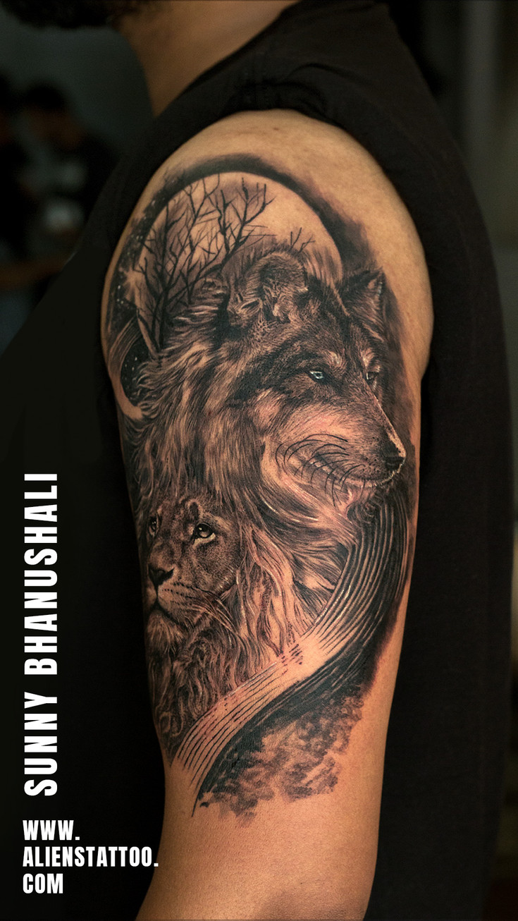 wolf and lion dual tattoo