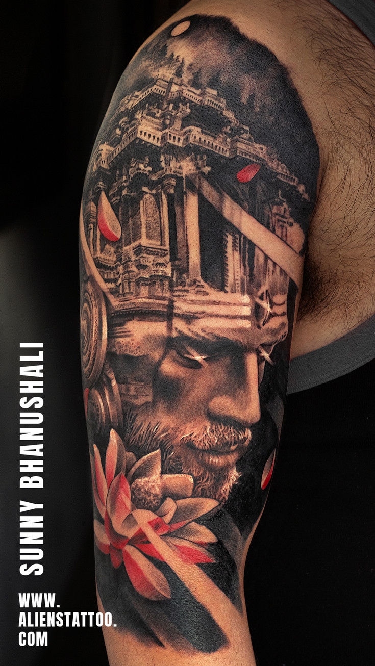 dualim shiva and lotus flower sleeve tattoo