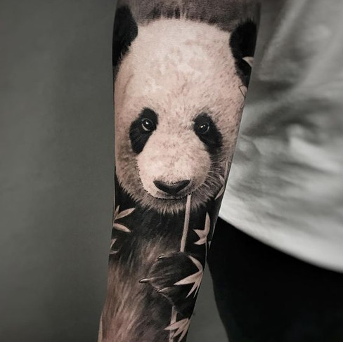 black and grey portrait panda tattoo